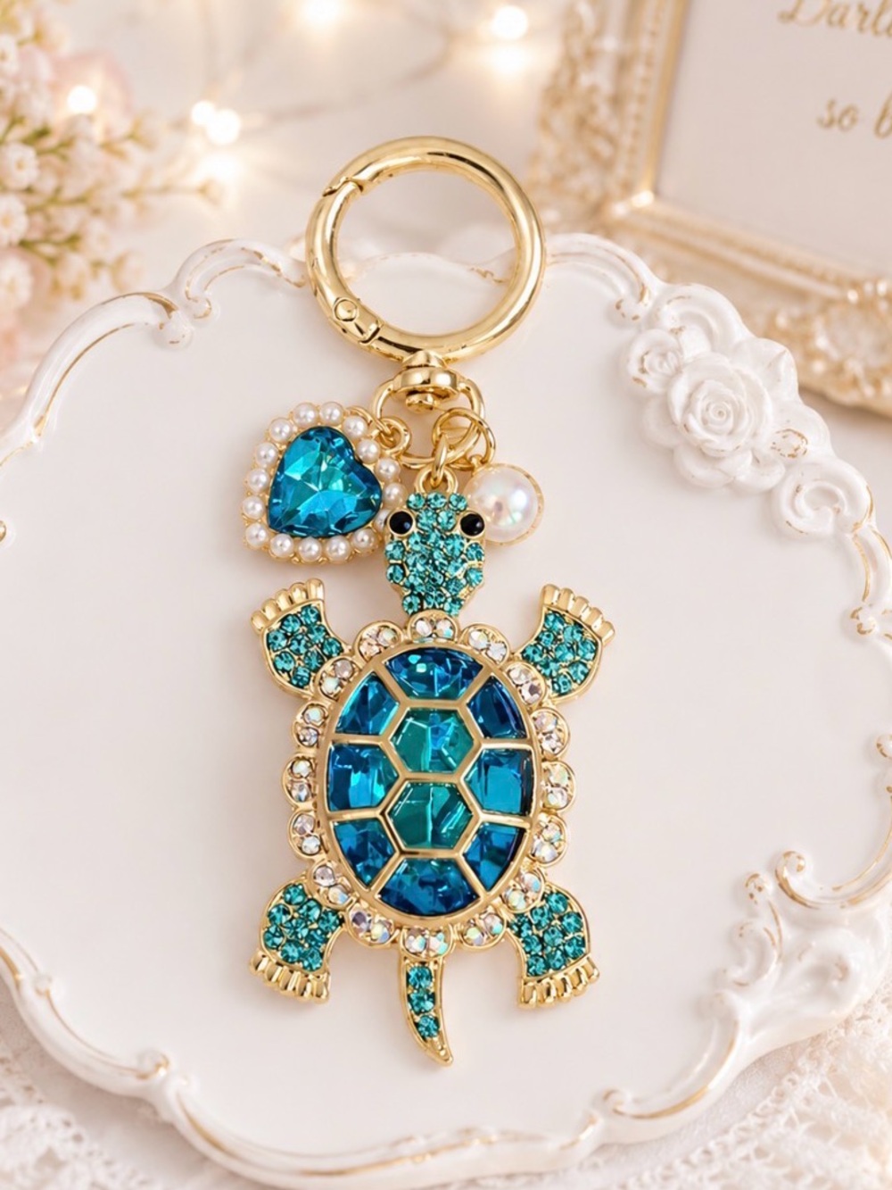 Bag Charm/Keyring-Blue And White Rhinestoned Turtle Charm-Gold Hardware-NWOT